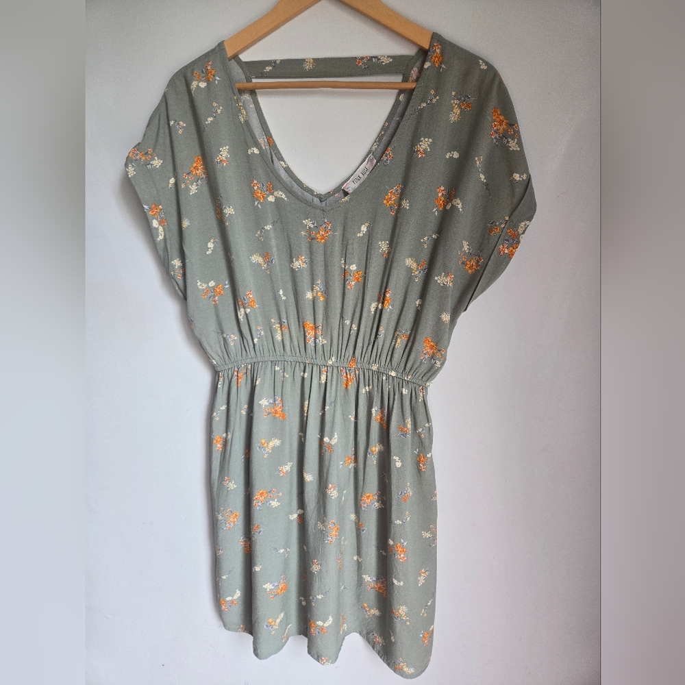 PINK ROSE Floral V-Neck Rayon Dress in Green and Orange